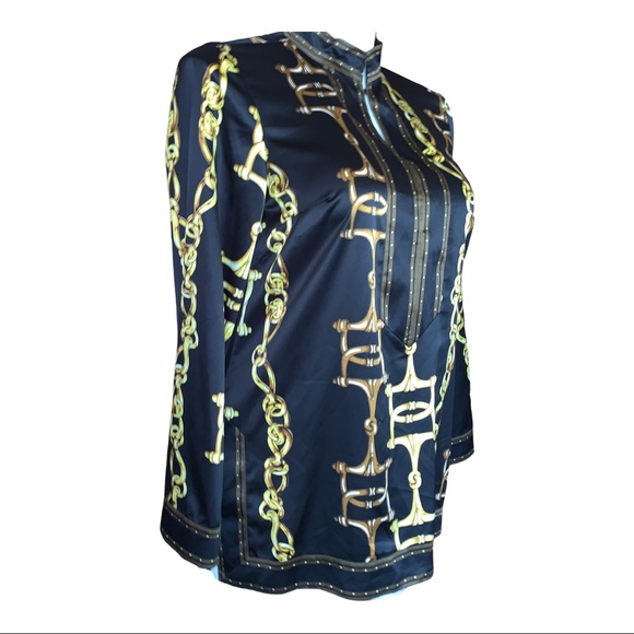 ECI New York Chain Print Satin Blouse Black Gold Long Sleeve Tunic Top 14 - Picture 9 of 16